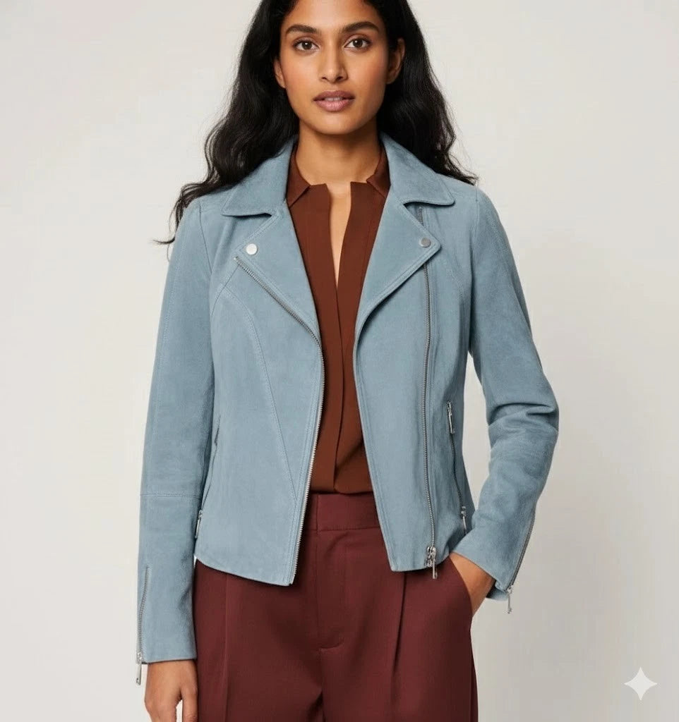 Women's Blue Lambskin Premium Suede Original Leather Biker Jacket