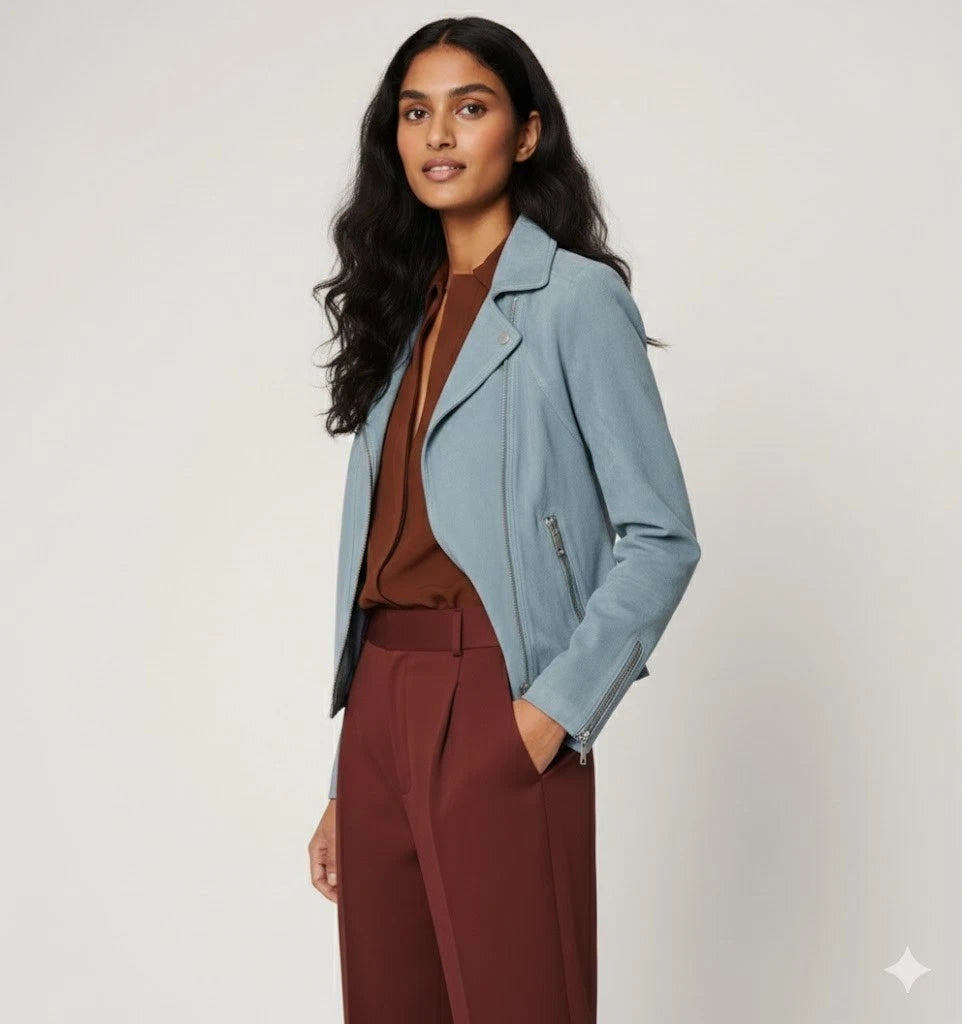 Women's Blue Lambskin Premium Suede Original Leather Biker Jacket