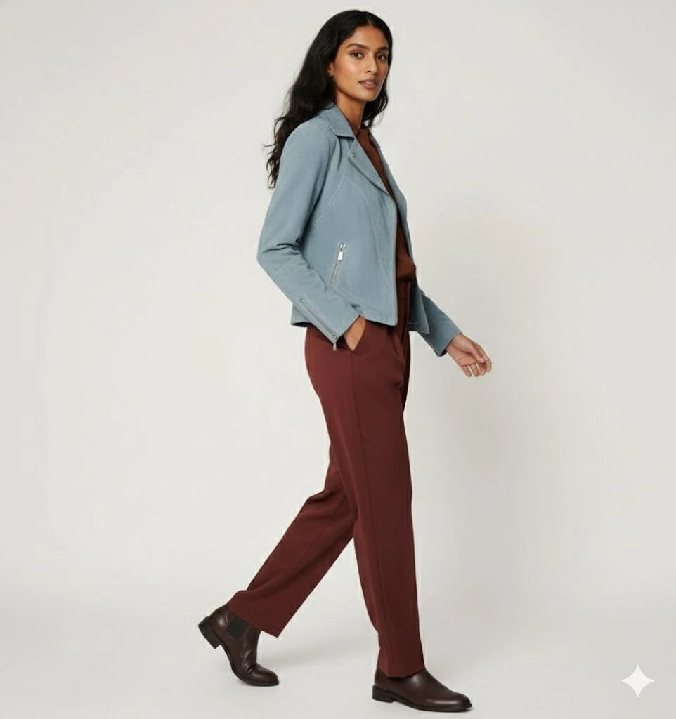 Women's Blue Lambskin Premium Suede Original Leather Biker Jacket
