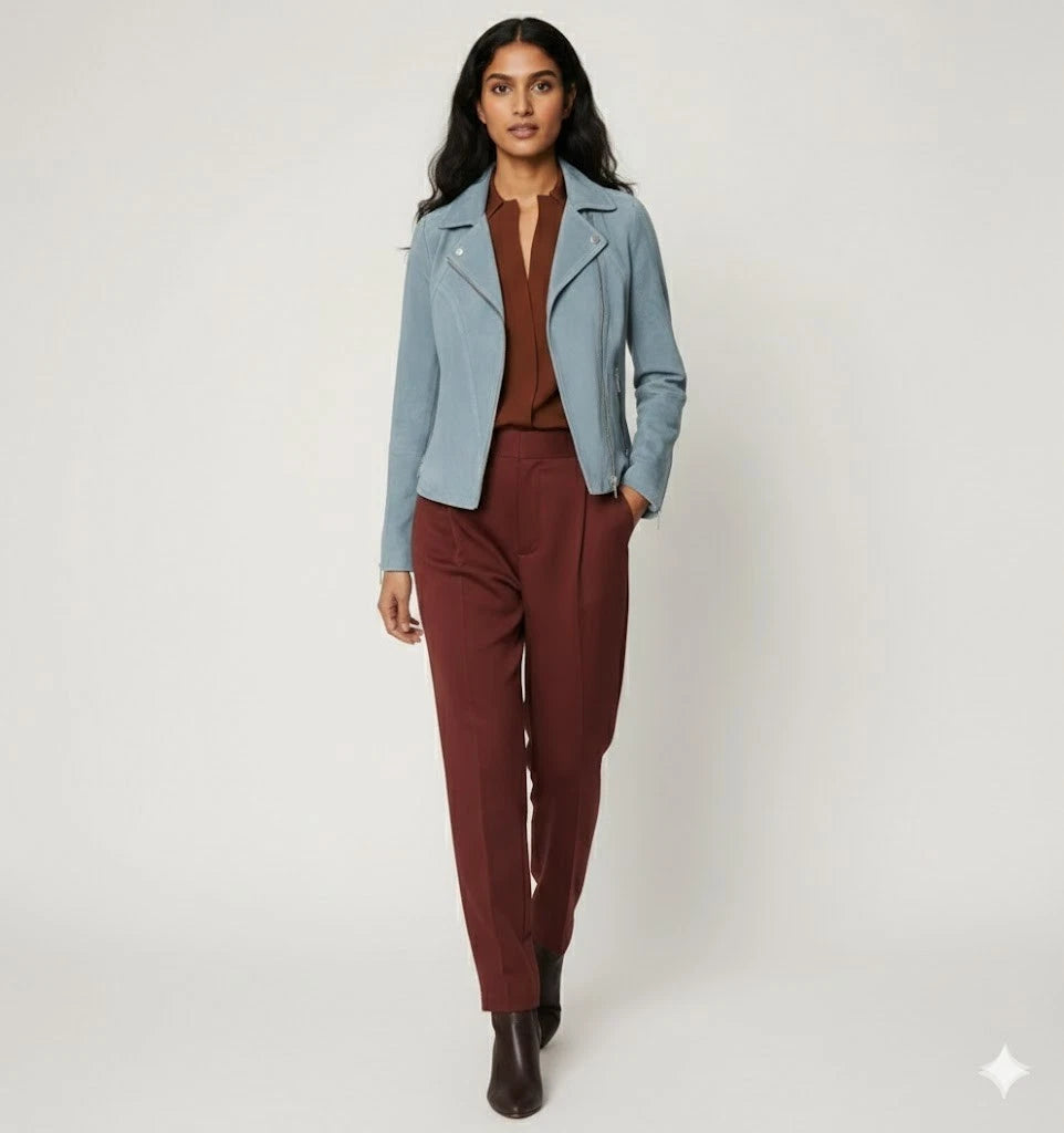 Women's Blue Lambskin Premium Suede Original Leather Biker Jacket