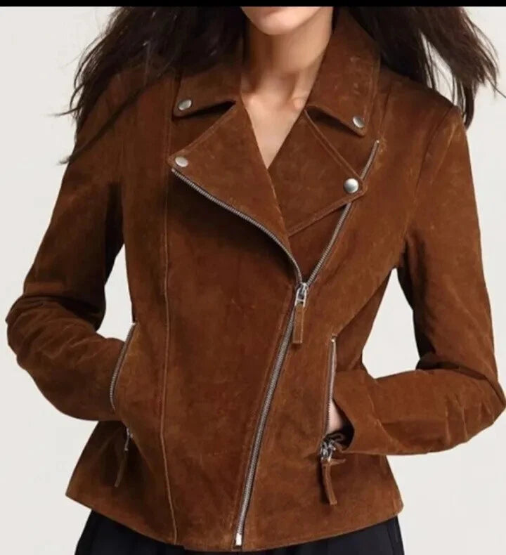 Women's Brown Lambskin Suede Original Leather Asymmetric Zip Biker Jacket