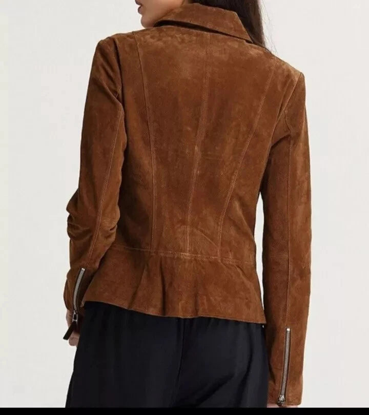 Women's Brown Lambskin Suede Original Leather Asymmetric Zip Biker Jacket