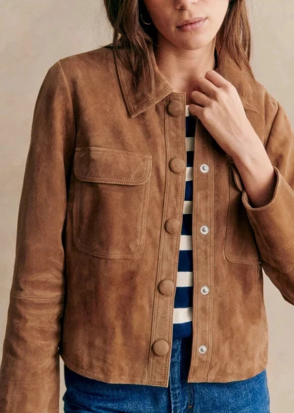Women's Tan Lambskin Suede Original Leather Snap-Button Shirt Jacket