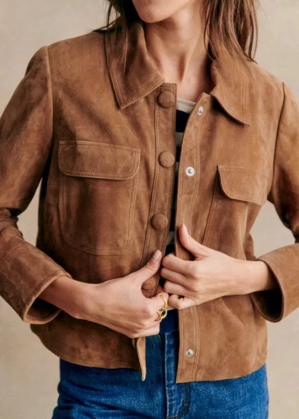 Women's Tan Lambskin Suede Original Leather Snap-Button Shirt Jacket