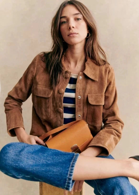 Women's Tan Lambskin Suede Original Leather Snap-Button Shirt Jacket