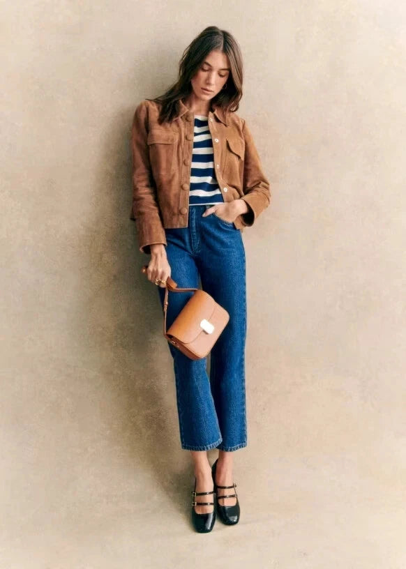 Women's Tan Lambskin Suede Original Leather Snap-Button Shirt Jacket