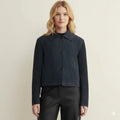 Women's Navy Blue Lambskin Original Leather Cropped Button-Front Jacket