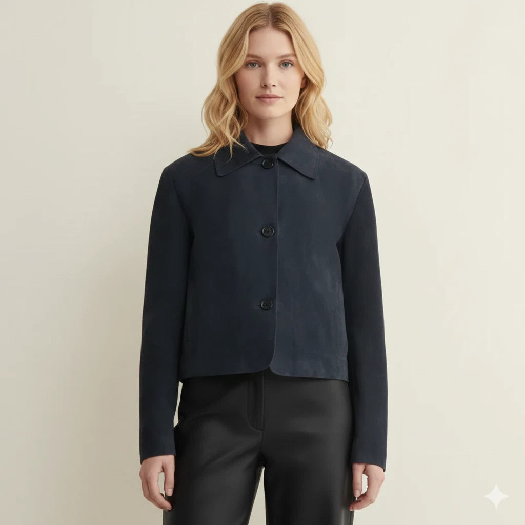 Women's Navy Blue Lambskin Original Leather Cropped Button-Front Jacket