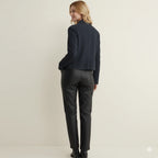 Women's Navy Blue Lambskin Original Leather Cropped Button-Front Jacket