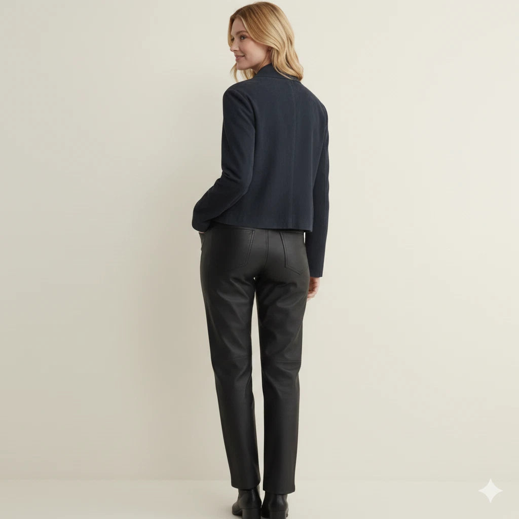 Women's Navy Blue Lambskin Original Leather Cropped Button-Front Jacket