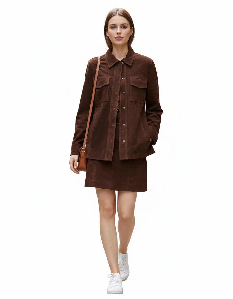 Women's Dark Brown Lambskin Suede Original Leather Oversized Shirt Jacket