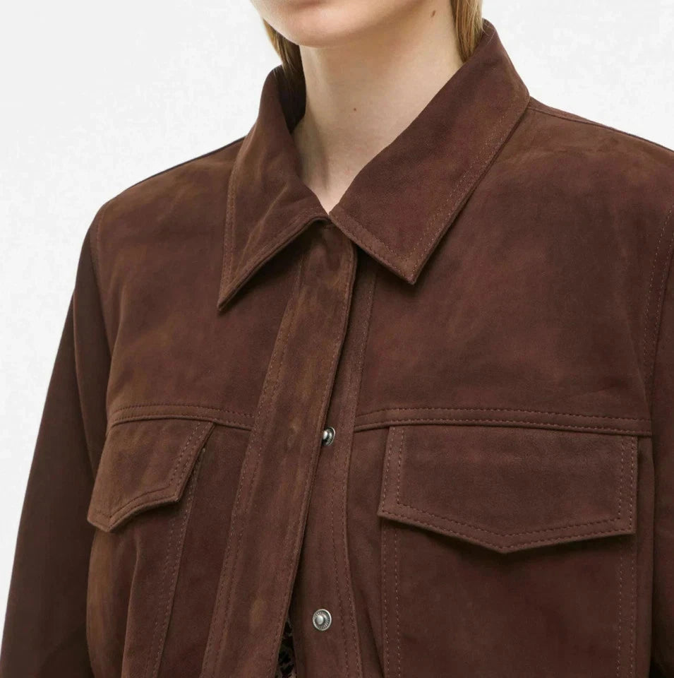 Women's Dark Brown Lambskin Suede Original Leather Oversized Shirt Jacket
