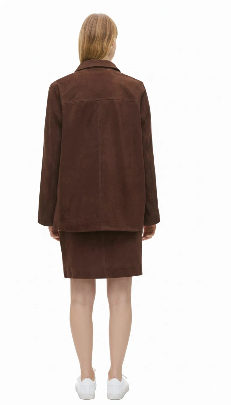 Women's Dark Brown Lambskin Suede Original Leather Oversized Shirt Jacket