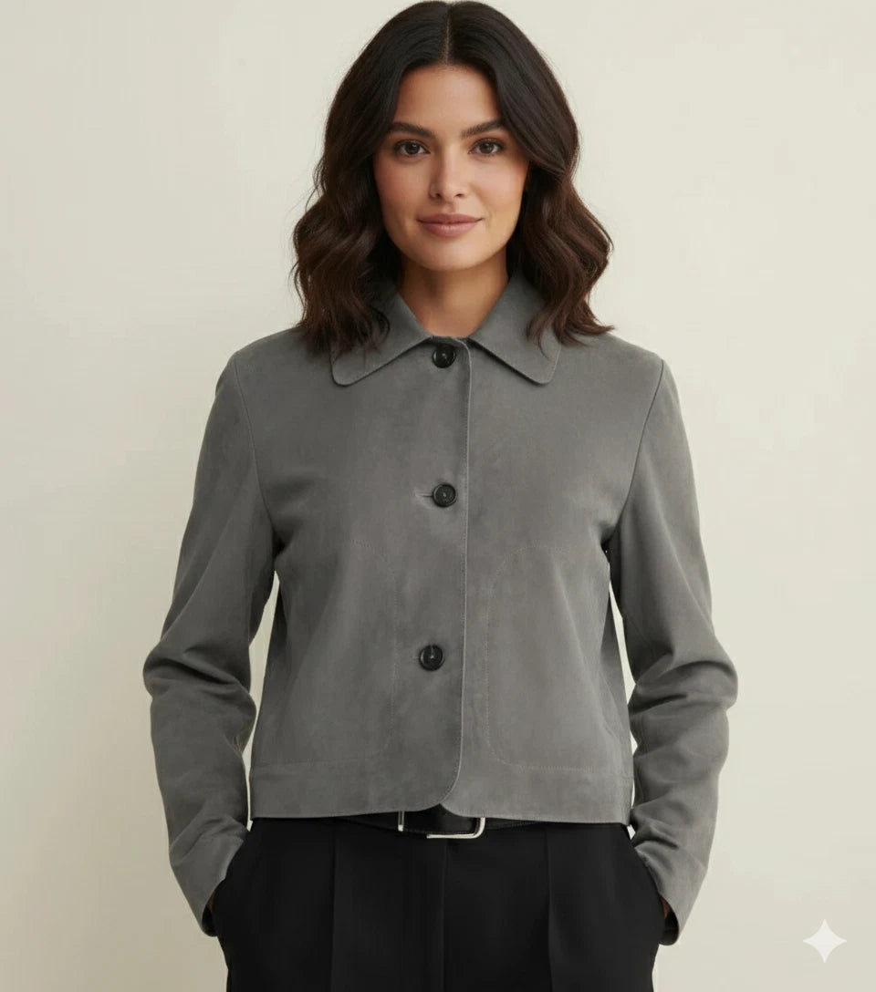 Women's Grey Lambskin Premium Original Leather Cropped Button-Front Jacket