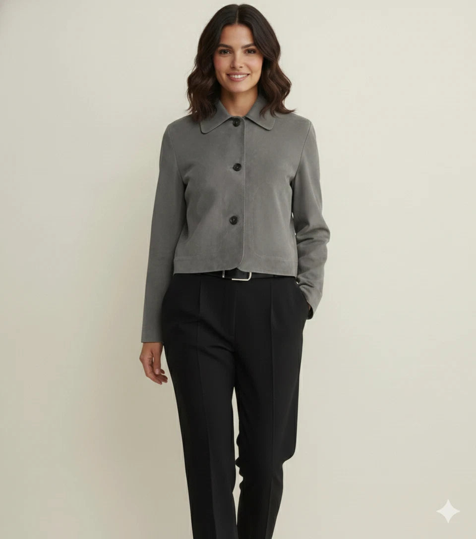 Women's Grey Lambskin Premium Original Leather Cropped Button-Front Jacket