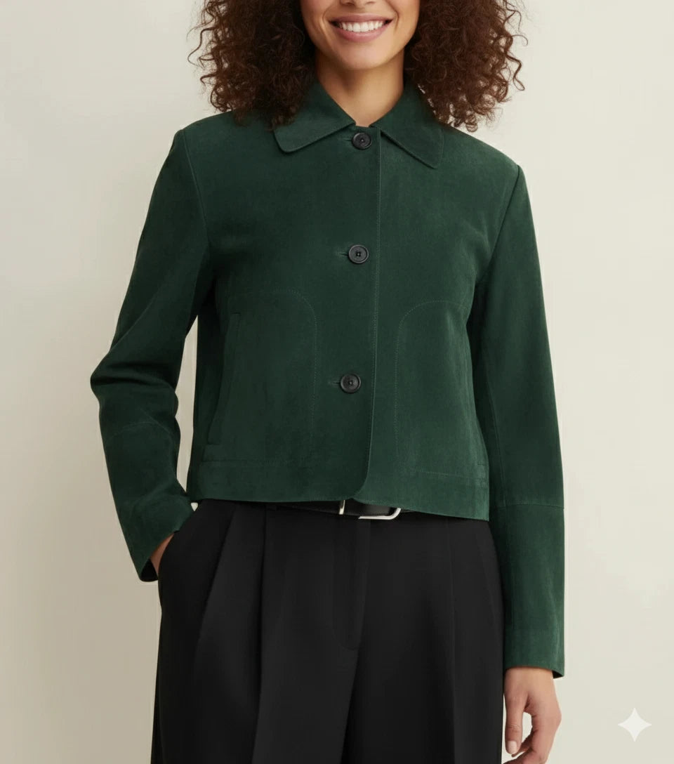 Women's Forest Green Lambskin Premium Original Leather Cropped Button-Front Jacket