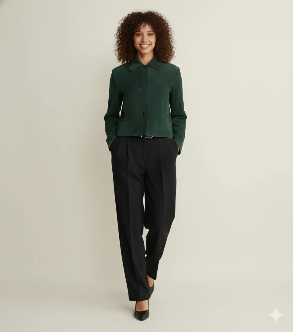 Women's Forest Green Lambskin Premium Original Leather Cropped Button-Front Jacket