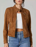 Women's Tan Lambskin Suede Original Premium Leather Racer-Collar Moto Jacket