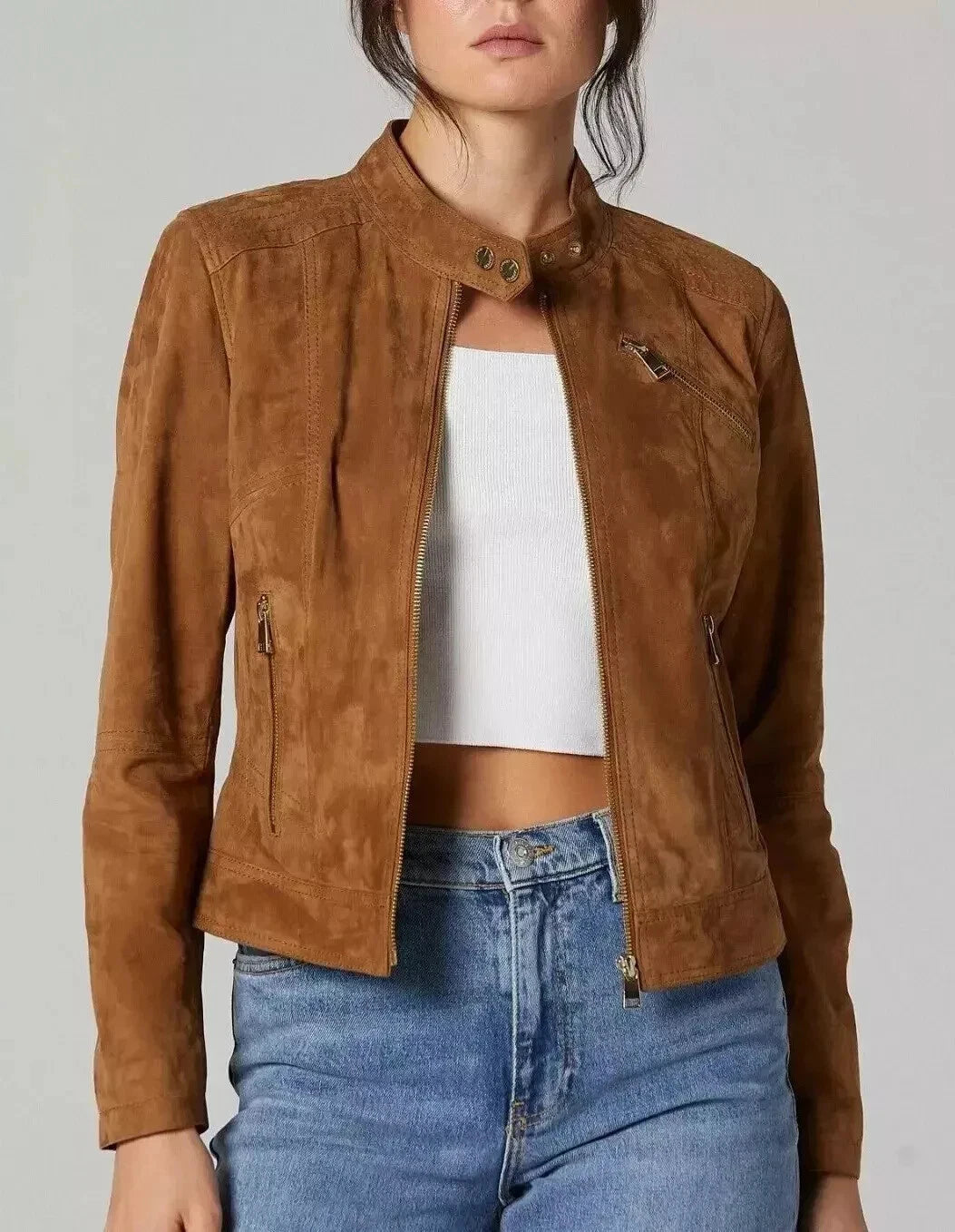 Women's Tan Lambskin Suede Original Premium Leather Racer-Collar Moto Jacket