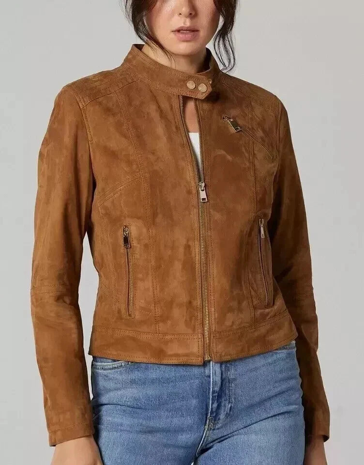 Women's Tan Lambskin Suede Original Premium Leather Racer-Collar Moto Jacket