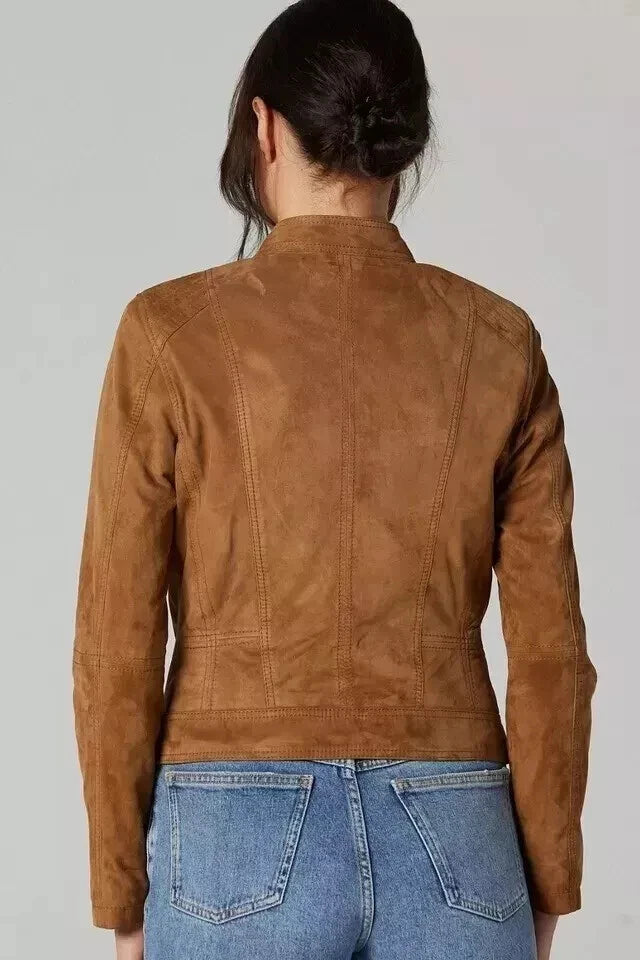 Women's Tan Lambskin Suede Original Premium Leather Racer-Collar Moto Jacket