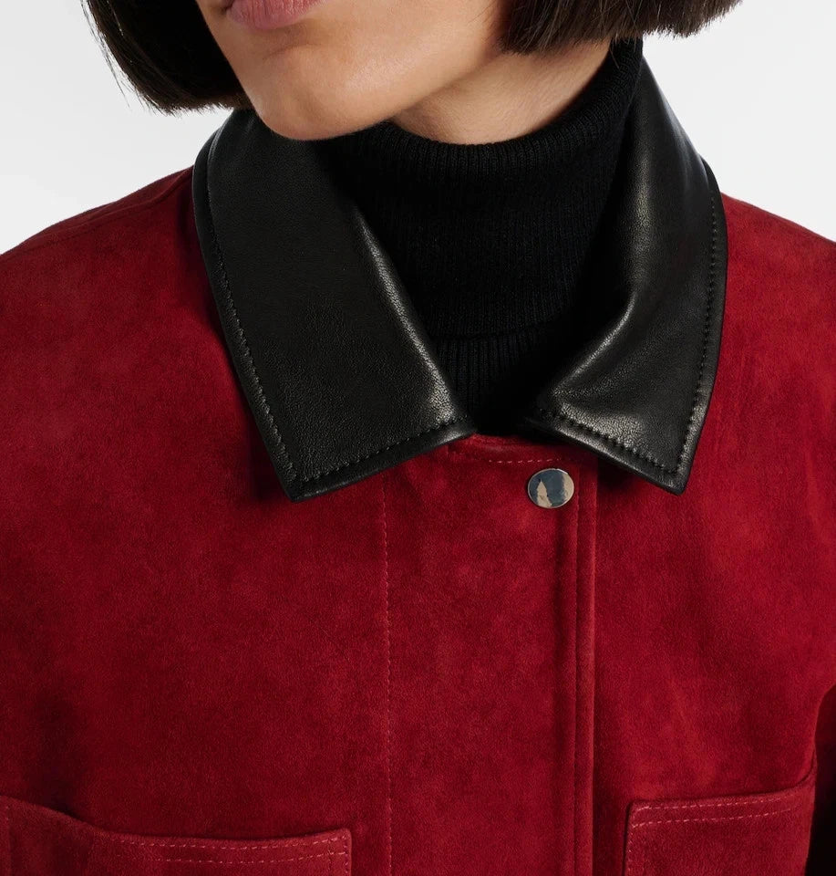 Women's Red Lambskin Suede Original Premium Leather Oversized Chore Jacket with Contrast Collar