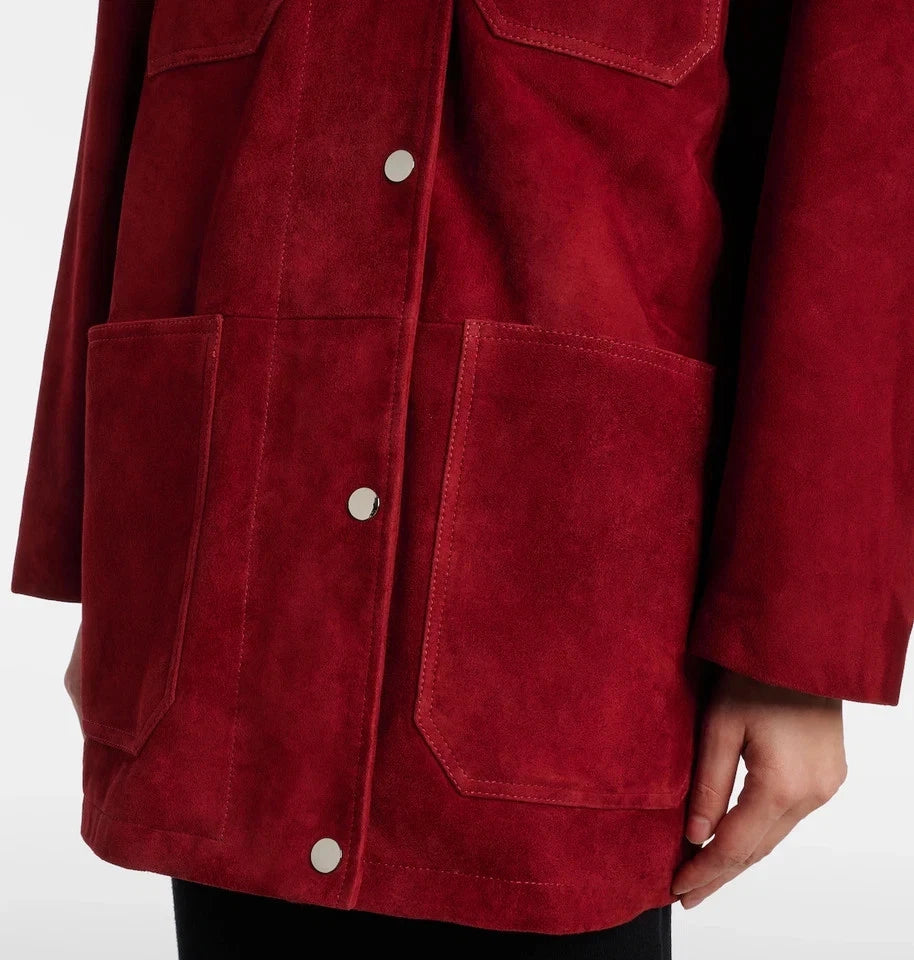 Women's Red Lambskin Suede Original Premium Leather Oversized Chore Jacket with Contrast Collar