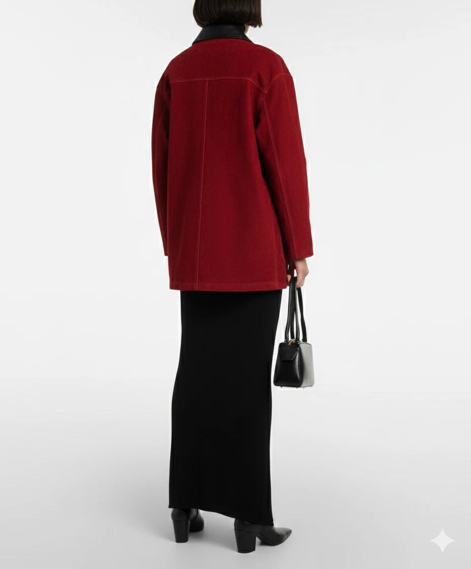 Women's Red Lambskin Suede Original Premium Leather Oversized Chore Jacket with Contrast Collar