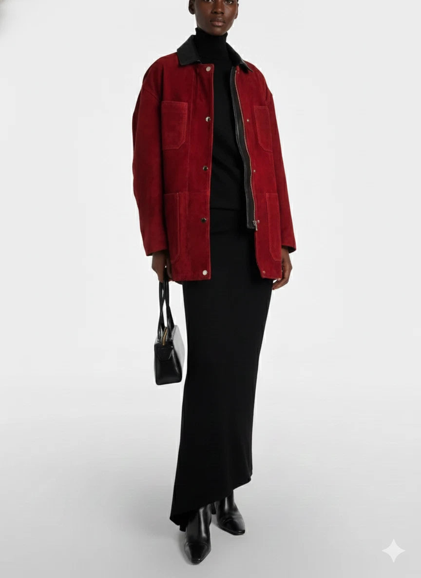 Women's Red Lambskin Suede Original Premium Leather Oversized Chore Jacket with Contrast Collar