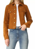 Women's Cognac Brown Lambskin Suede Original Premium Leather Trucker Jacket with Gold Hardware