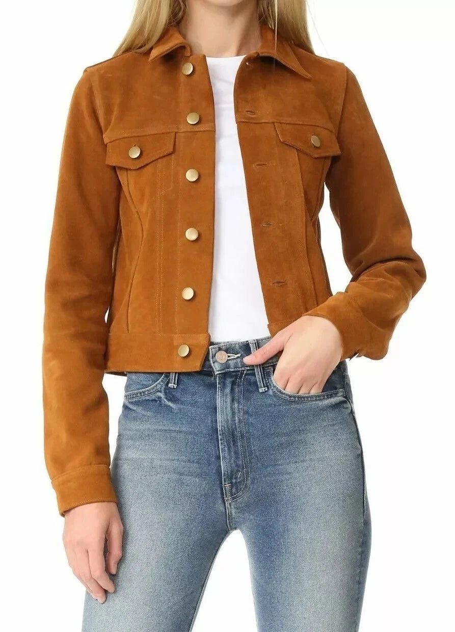 Women's Cognac Brown Lambskin Suede Original Premium Leather Trucker Jacket with Gold Hardware