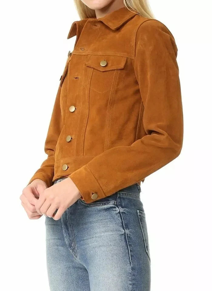 Women's Cognac Brown Lambskin Suede Original Premium Leather Trucker Jacket with Gold Hardware