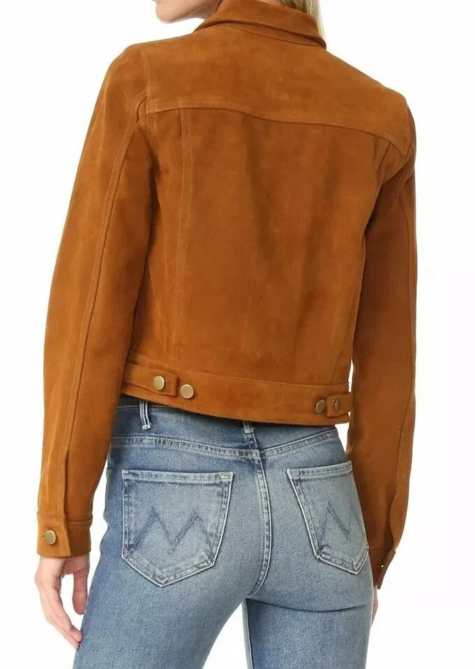 Women's Cognac Brown Lambskin Suede Original Premium Leather Trucker Jacket with Gold Hardware