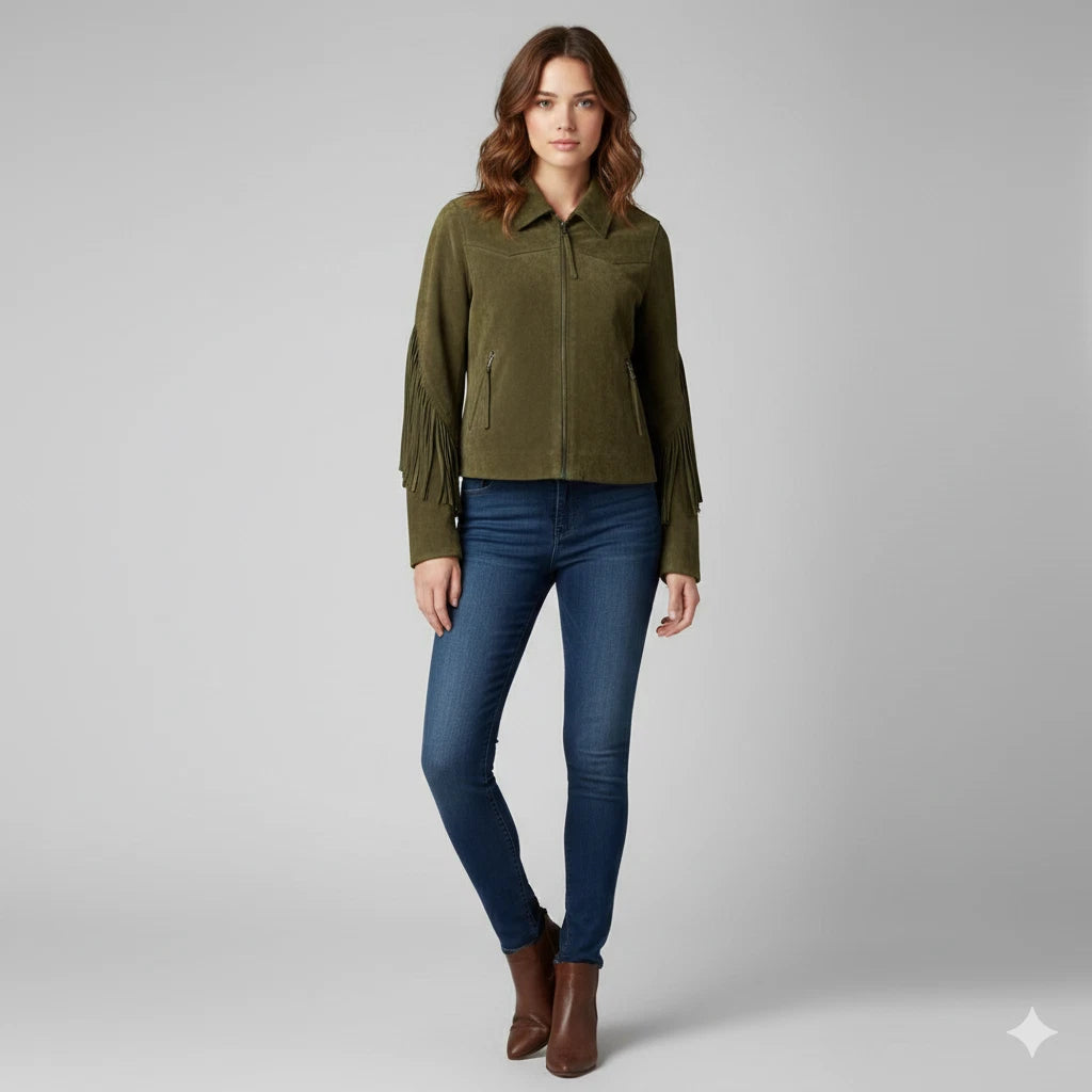 Women's Olive Green Lambskin Suede Original Premium Leather Fringe-Sleeve Zip Jacket