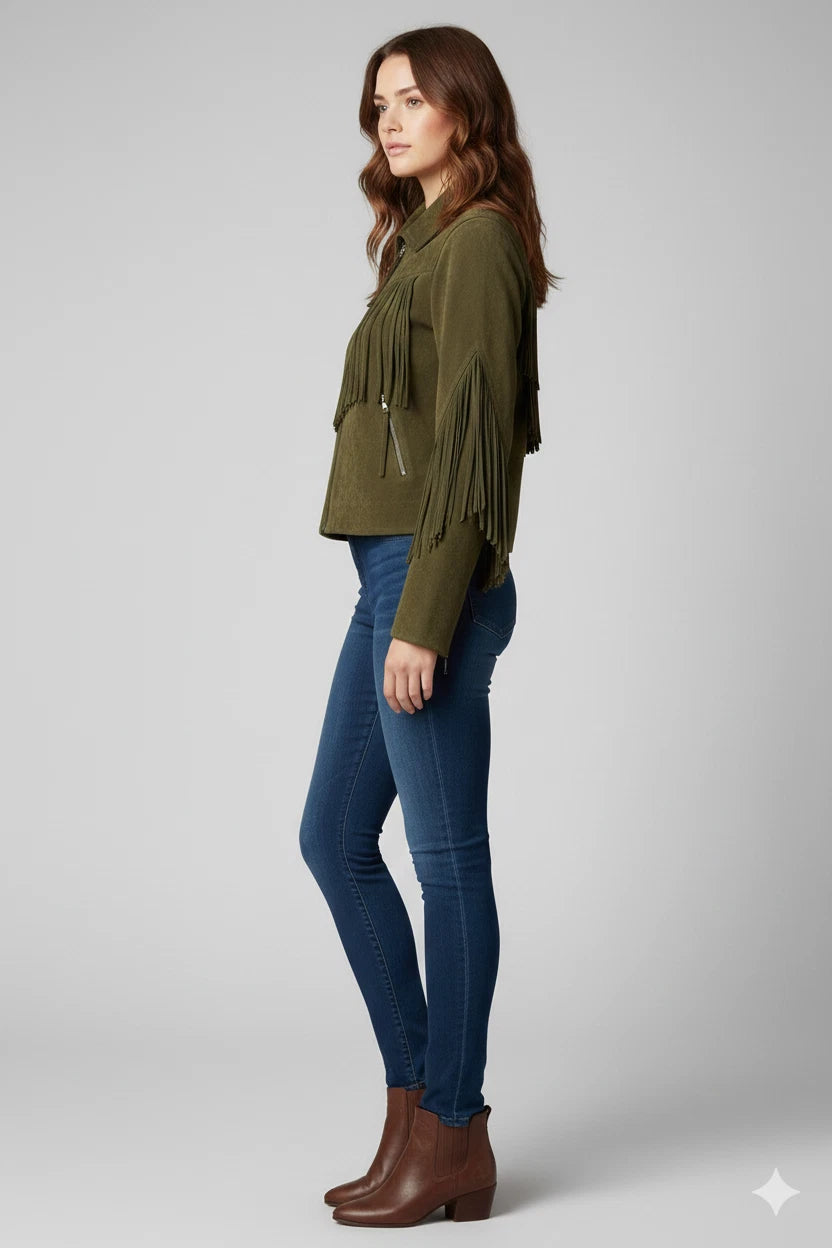 Women's Olive Green Lambskin Suede Original Premium Leather Fringe-Sleeve Zip Jacket