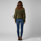 Women's Olive Green Lambskin Suede Original Premium Leather Fringe-Sleeve Zip Jacket