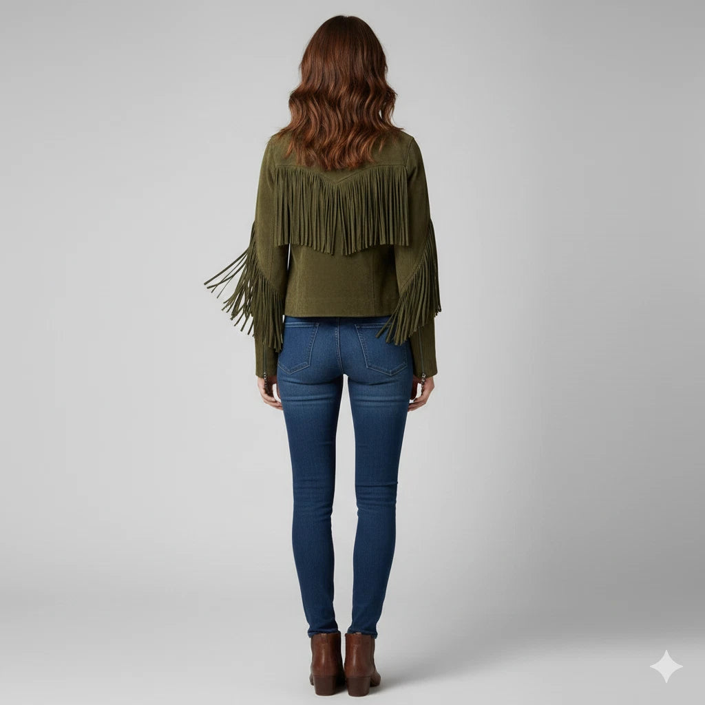 Women's Olive Green Lambskin Suede Original Premium Leather Fringe-Sleeve Zip Jacket