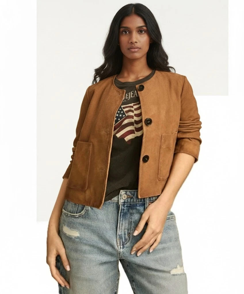 Women's Tan Lambskin Suede Premium Original Leather Collarless Button-Front Jacket