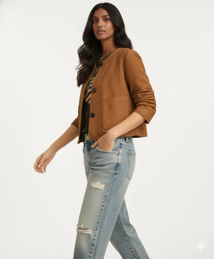 Women's Tan Lambskin Suede Premium Original Leather Collarless Button-Front Jacket