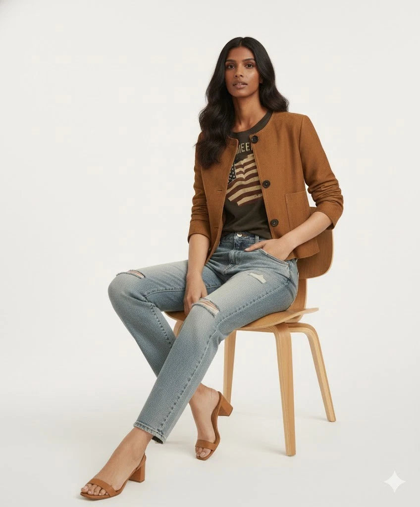 Women's Tan Lambskin Suede Premium Original Leather Collarless Button-Front Jacket