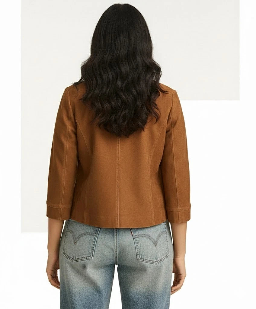 Women's Tan Lambskin Suede Premium Original Leather Collarless Button-Front Jacket