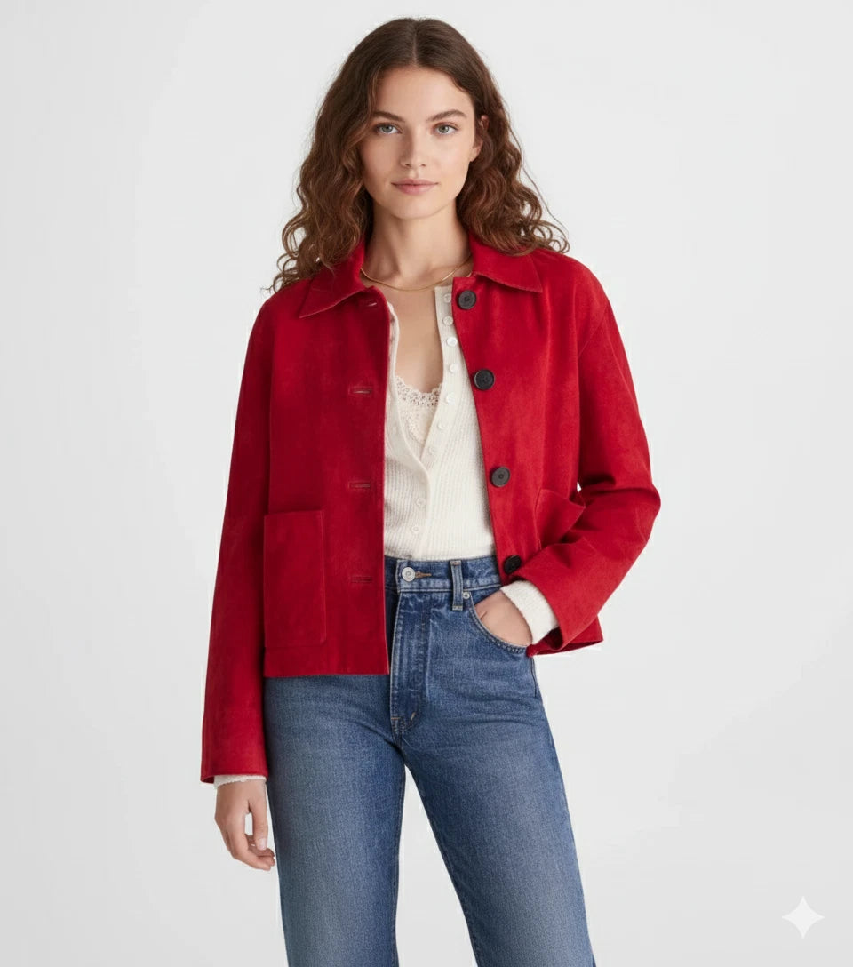 Women's Cherry Red Lambskin Suede Premium Original Leather Cropped Button-Front Jacket