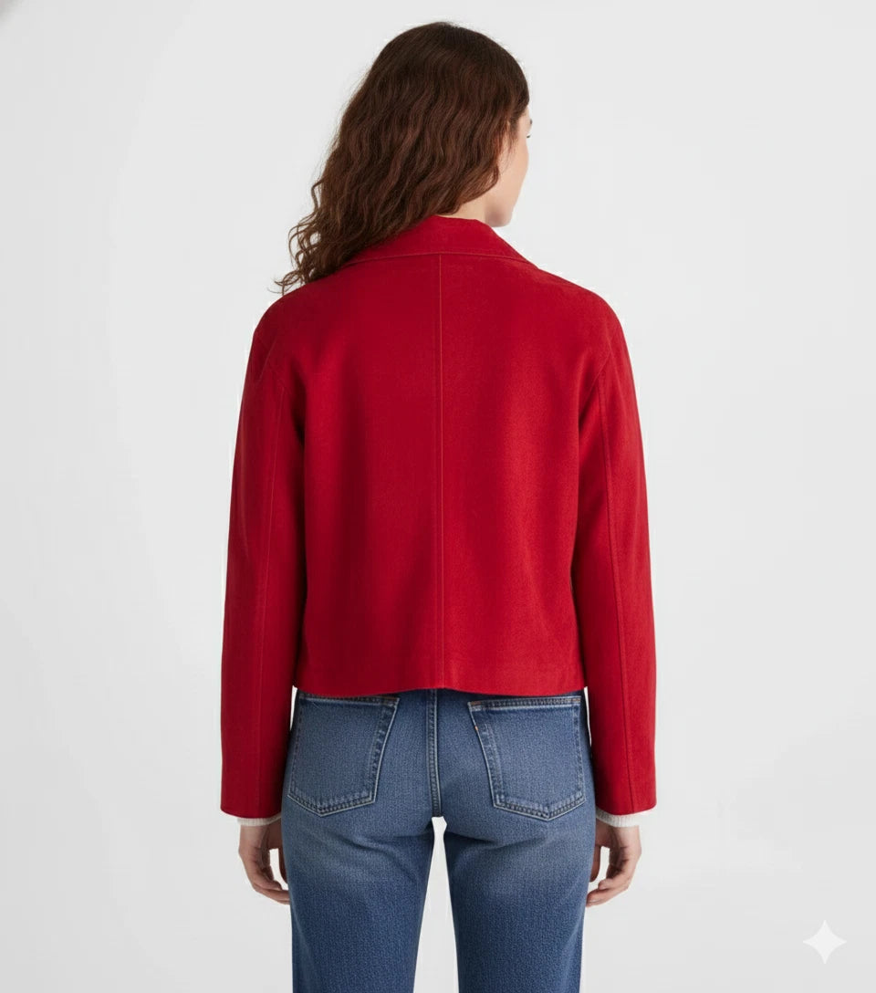 Women's Cherry Red Lambskin Suede Premium Original Leather Cropped Button-Front Jacket