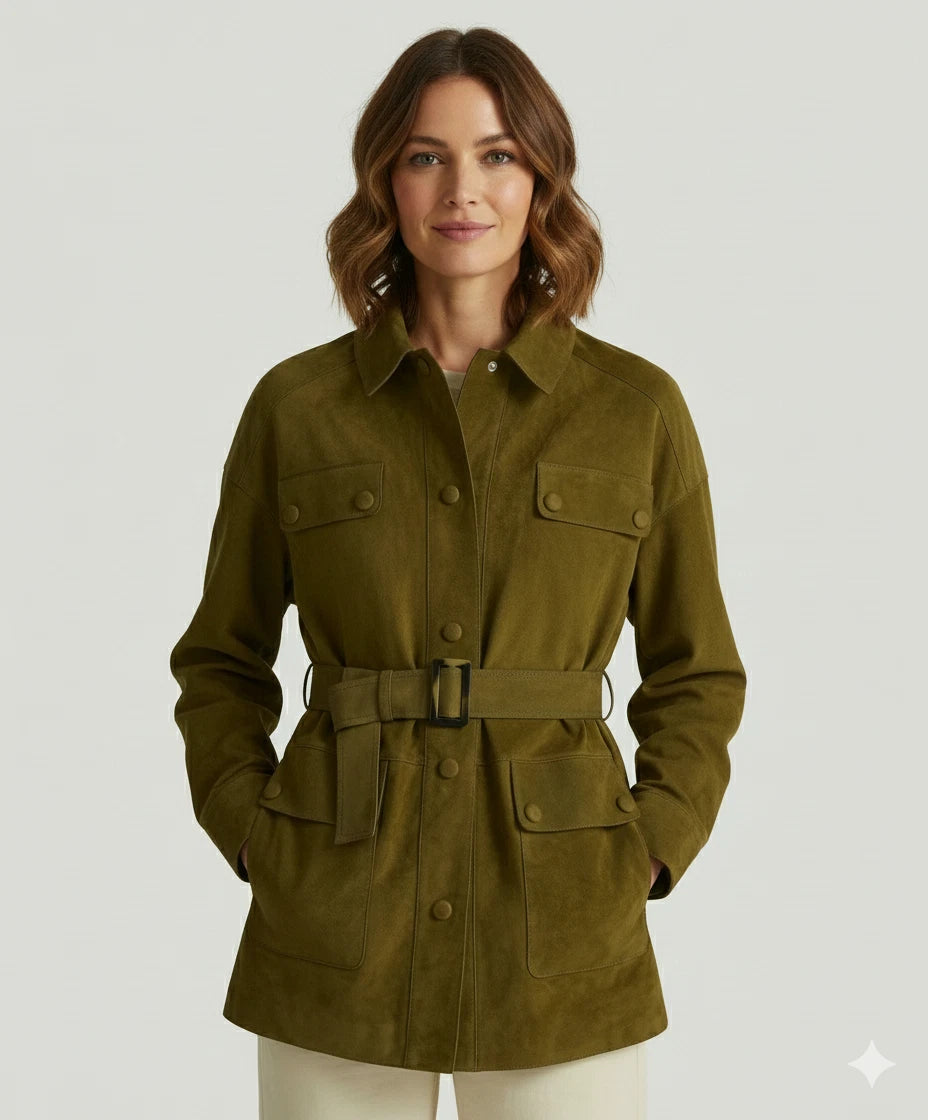 Women's Olive Green Lambskin Suede Premium Original Leather Belted Safari Jacket