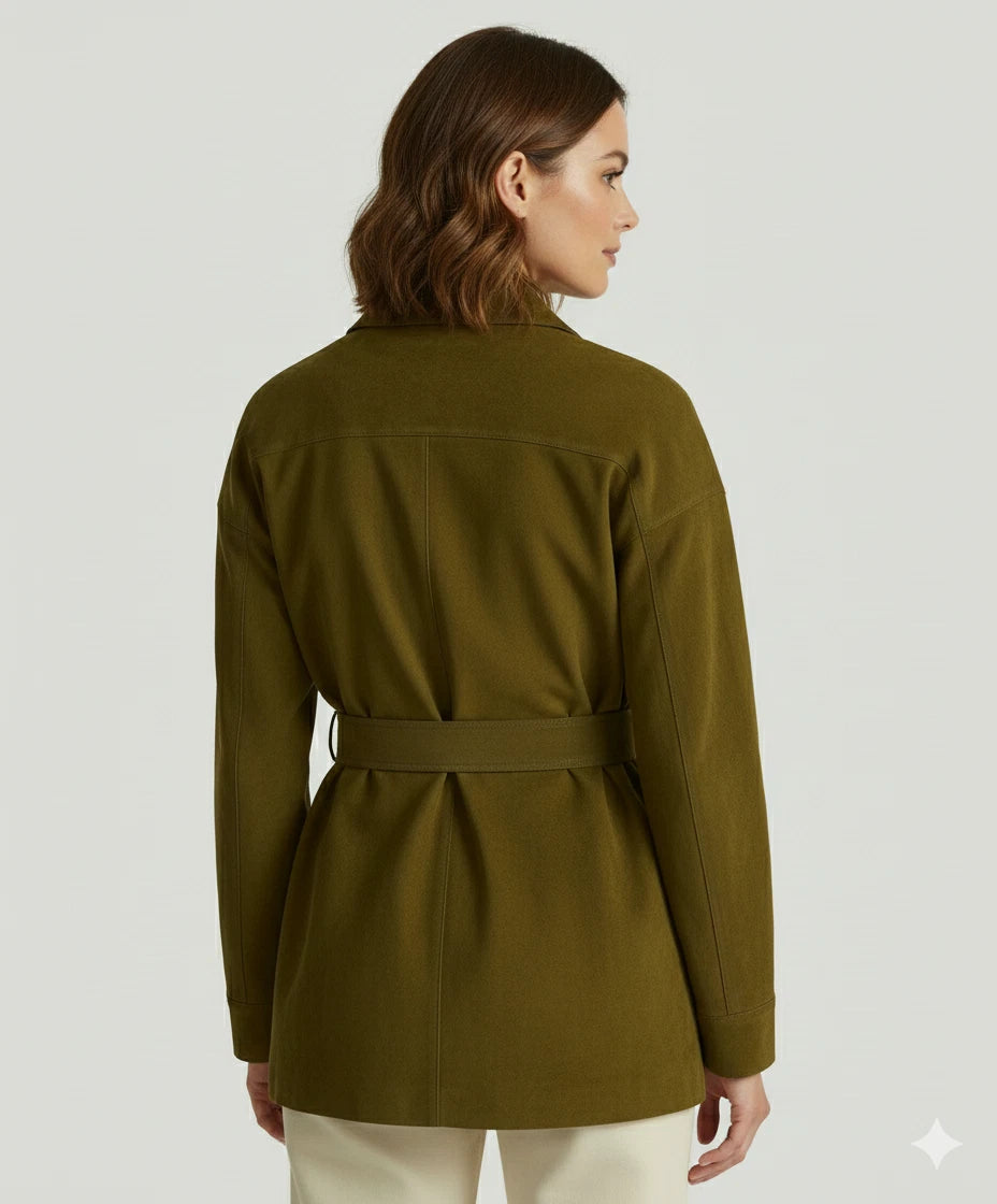 Women's Olive Green Lambskin Suede Premium Original Leather Belted Safari Jacket