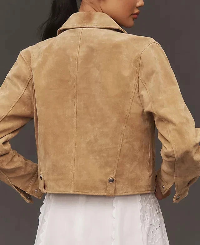 Women's Beige Lambskin Suede Original Premium Leather Zip-Front Harrington Jacket