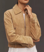 Women's Beige Lambskin Suede Original Premium Leather Zip-Front Harrington Jacket