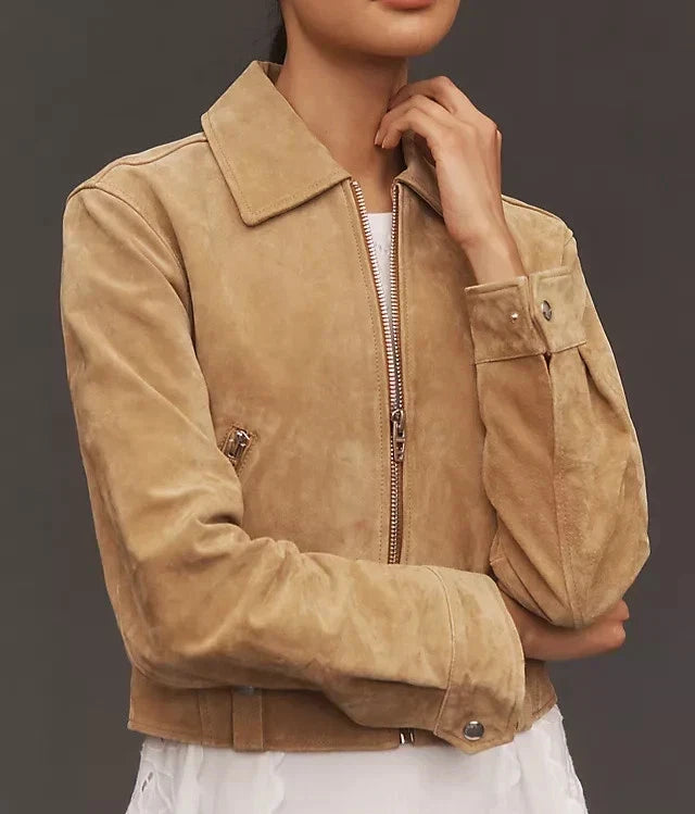 Women's Beige Lambskin Suede Original Premium Leather Zip-Front Harrington Jacket