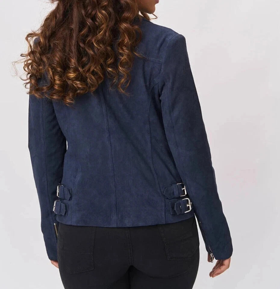 Women's Navy Blue Suede Original Premium Leather Biker Jacket