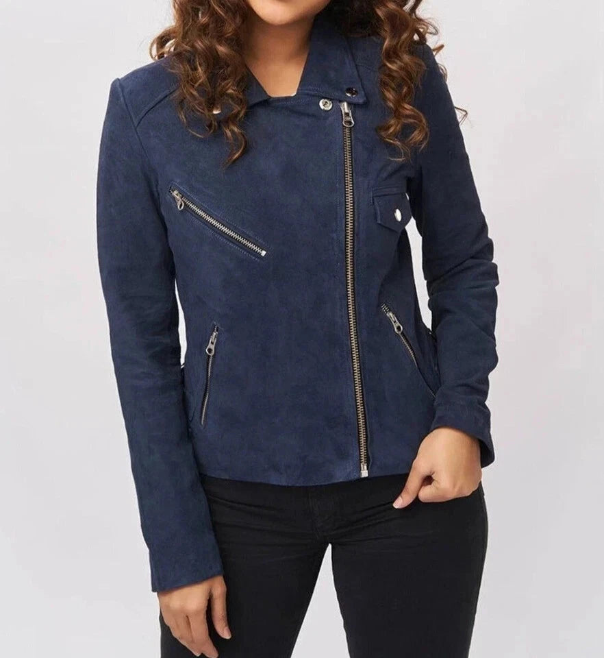 Women's Navy Blue Suede Original Premium Leather Biker Jacket